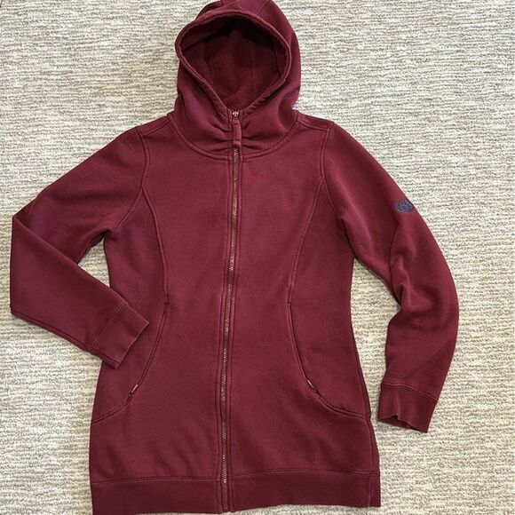 686 Long Zip Hoodie Womens Size Small Solid Maroon Fleece Extended Hooded Jacket - Picture 12 of 12